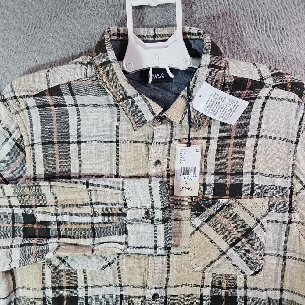 NEW Buffalo David Bitton Shirt Men XL Button Up Long Sleeve Tan Ocre Plaid Soft